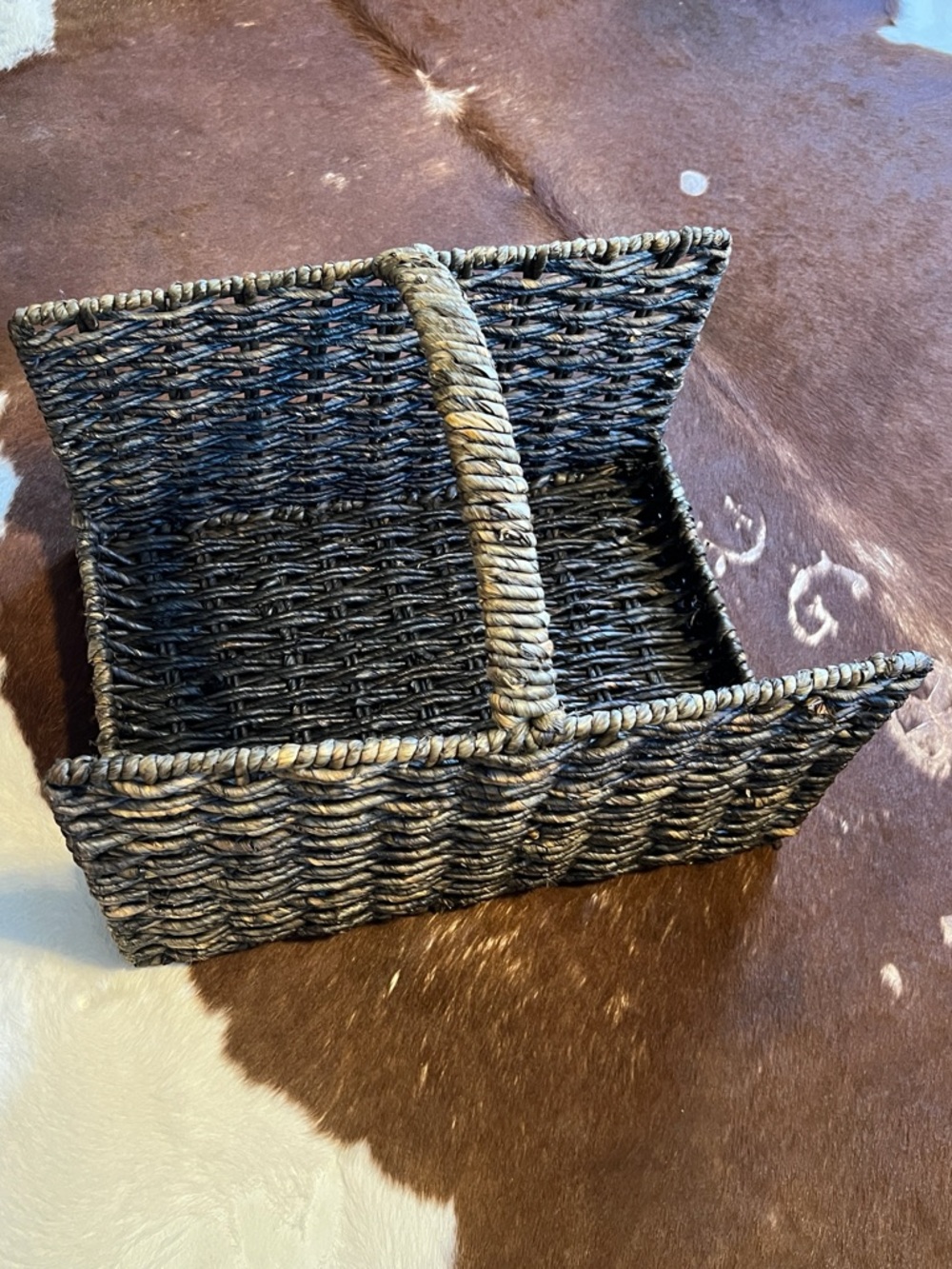 Woven Rectangular Storage Basket with Handle - Charcoal Brown